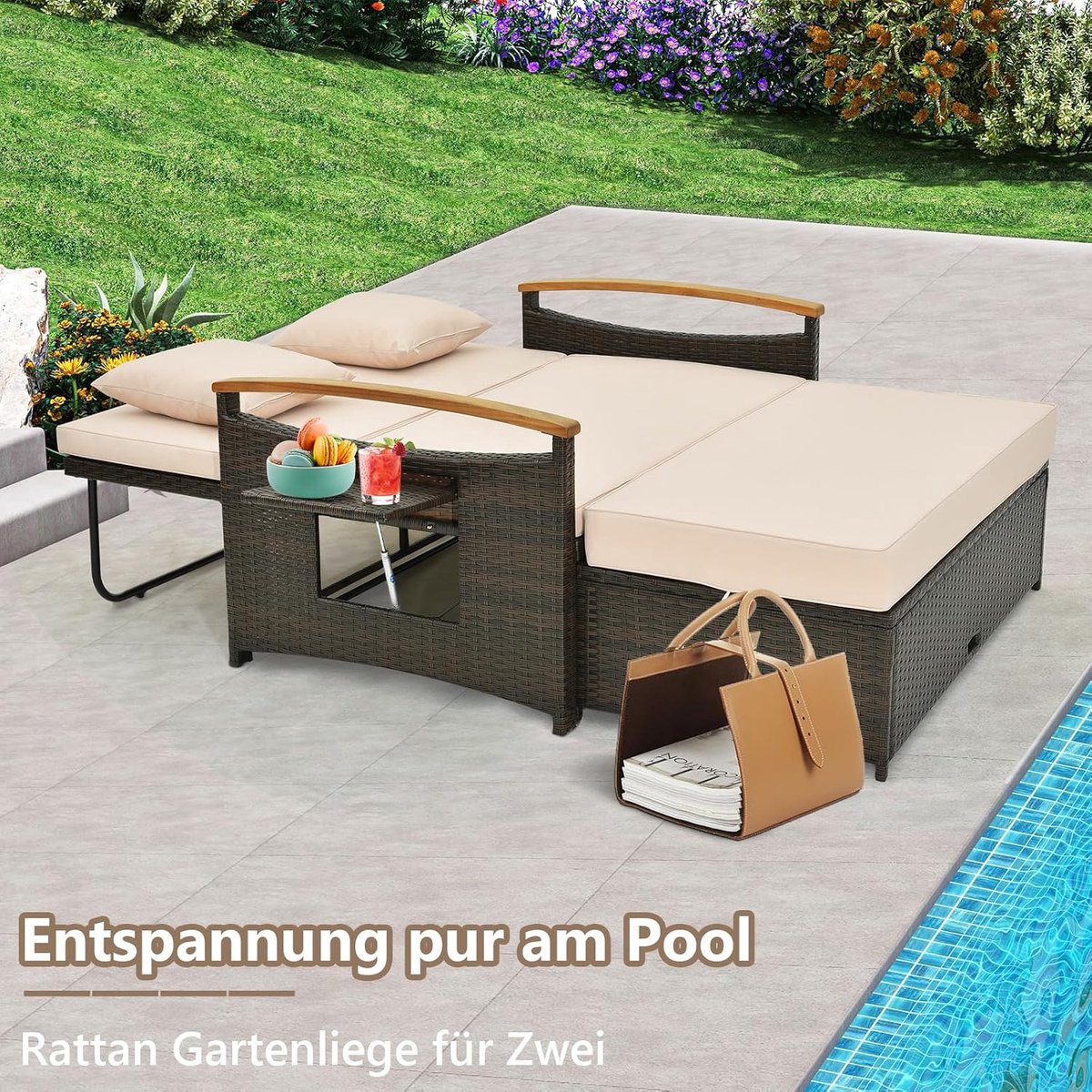Tuinlounge met Ligfunctie 164 x 72 x 88 cm – 3-in-1 Rotan Loungeset voor 2 Personen – Verstelbare Rugleuning, Dagbed, Tuinbank en Loungesofa met Opbergruimte, Kussens en Zijtafels – Weerbestendig PE-Rotan – Kaki – Mobili Bella