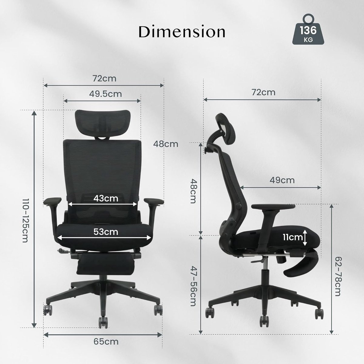 Ergonomische Bureaustoel met Voetensteun – House&Garden FoldElite Executive – Inklapbare Kantoorstoel met Verstelbare Lendensteun, 2D Hoofdsteun, Verstelbare Armleuningen en Kantelbare Rugleuning 105°-135° – Thuiswerkstoel voor Kleine Ruimtes – Zwart
