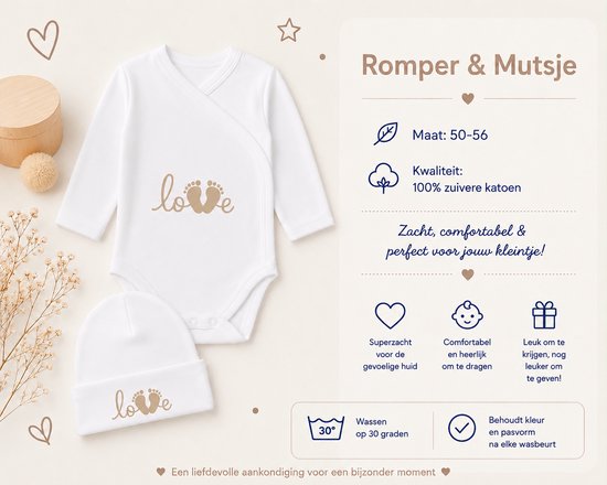 Blijeitje - Kraamcadeau Set met Romper & Mutsje - kraampakket - Babyshower Cadeau - Newborn Geschenk Love Design — afbeelding 3