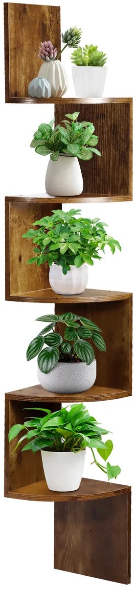 RosaBloom Landelijke Hoekwandplank - 5 Niveaus - Zwevende Boekenkast & Plantenplank - Houtlook Wandmeubel - Vintage Bruin - 20x20x124,5 cm
