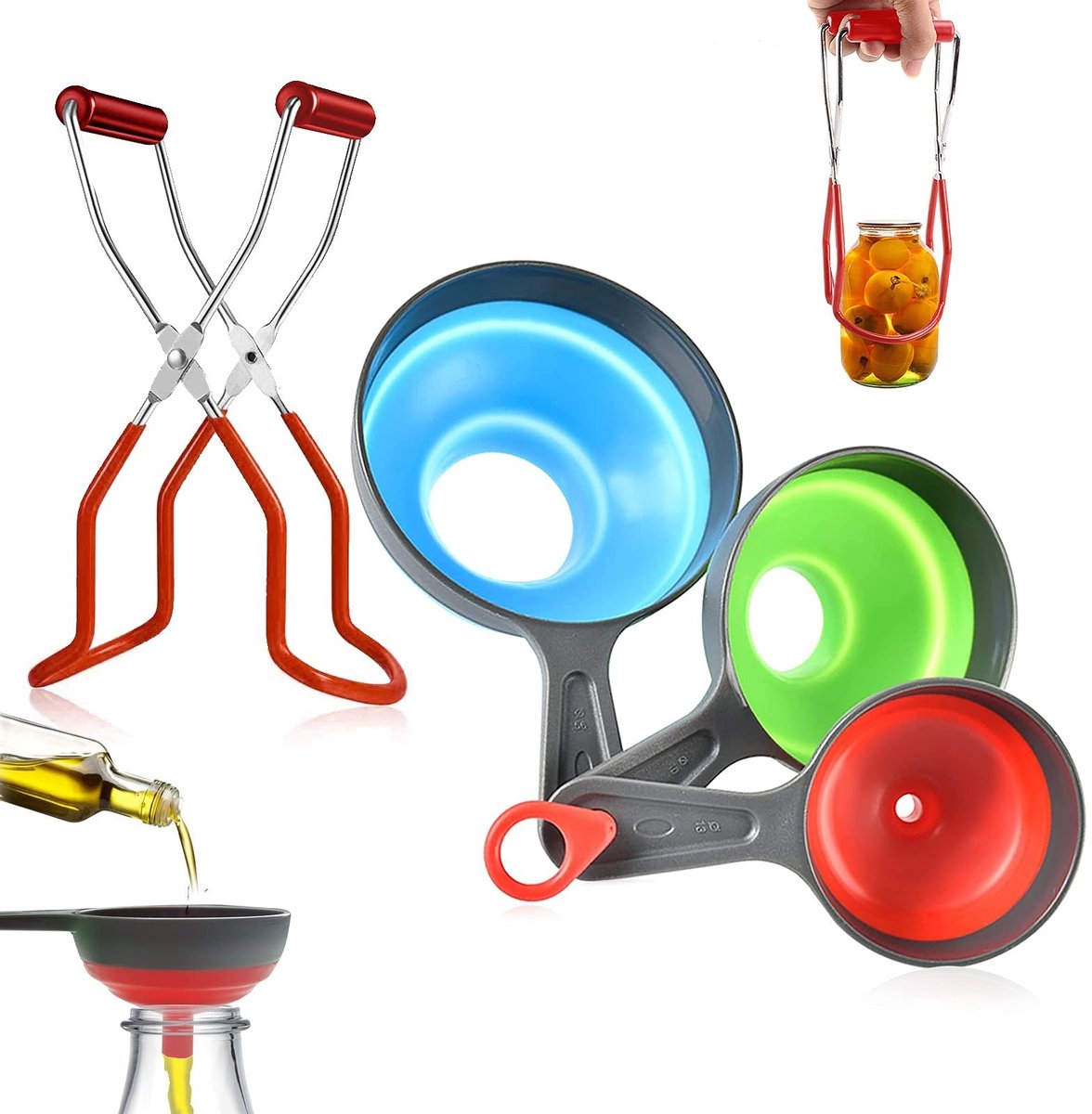Cosensi- Jamfunnel Set - 4 Silicone Funnels - Glazen Lift - Roestvrij Staal - Canning Aid - Verstelbaar - Voedselveilig - Vulkan