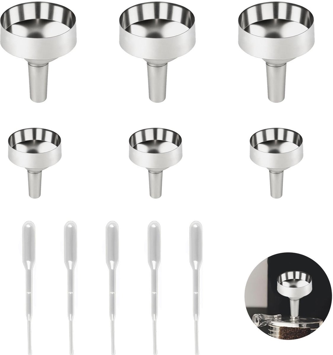 MTTproducts- Trechter Mini - 6-delige Set - Metalen Trechter - Kunststof Druppelaars - 2 ml - Duurzaam en Roestvrij Staal