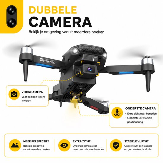Zwarte drone met dubbele camera, frontaal en onderaan. "DUBBELE CAMERA"