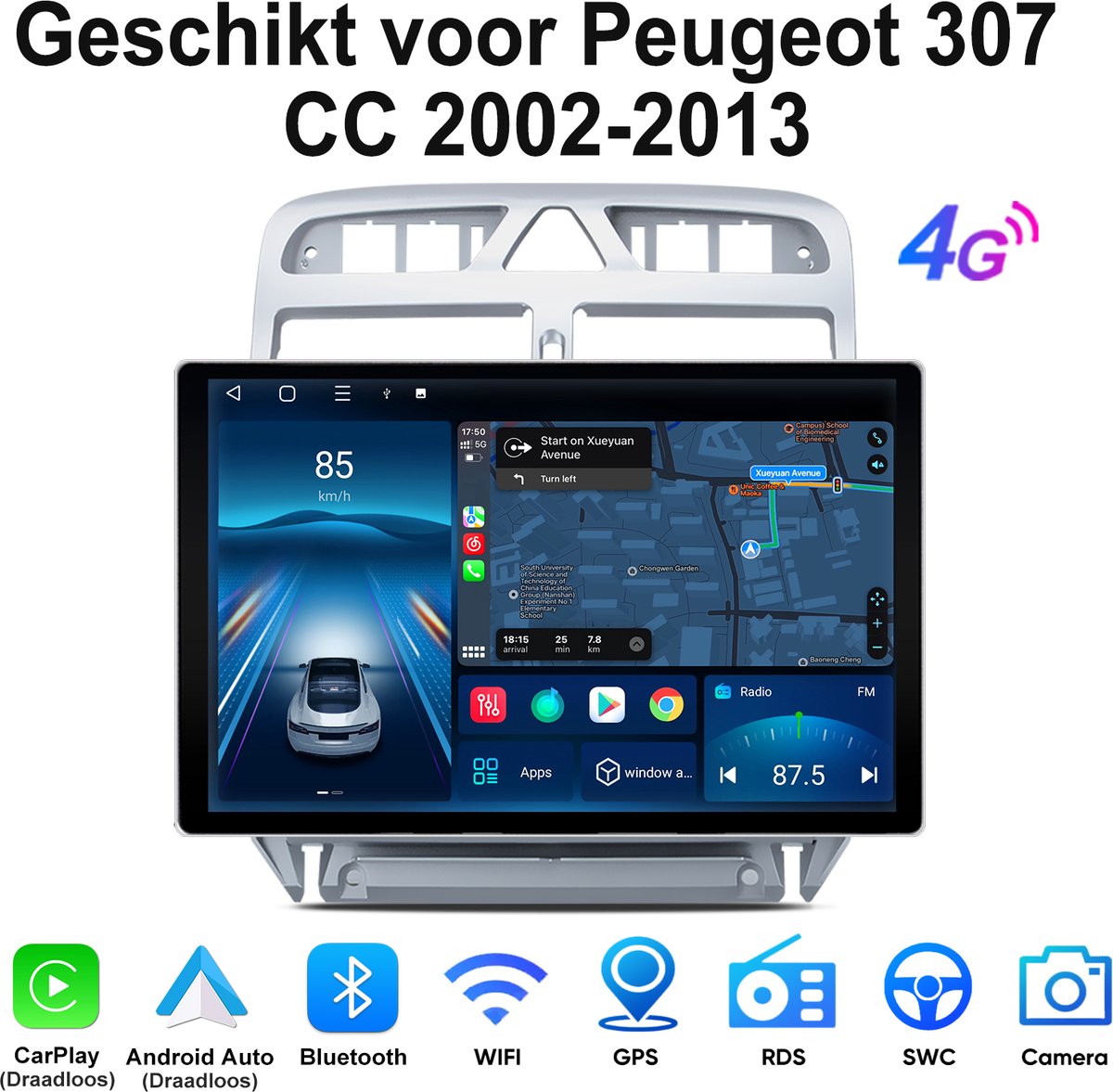 Junsun Android 15 autoradio Geschikt voor Peugeot 307 CC 2002-2013, Draadloze CarPlay & Andriod Auto, DAB+, Bluetooth, GPS-navigatiesysteem, Stuurwielbediening, WiFi, 4G, FM, RDS, USB, 13,1-inch 2K IPS Touchscreen, 4GB+64GB, DSP, Octa-core processor