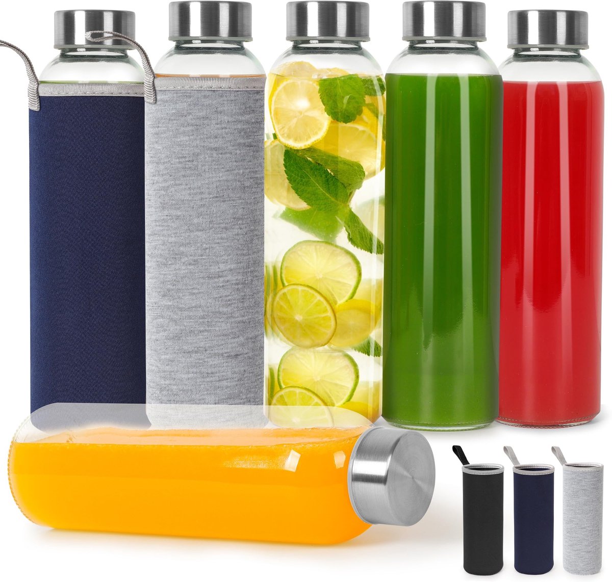 Dailygoods- Glazen Flessen 500 ml - Set van 6 - Roestvrij Stalen Deksel - Lekvrije Smoothieflessen - Glazen Flessenset voor Sap - Transparant - Drinkflessen
