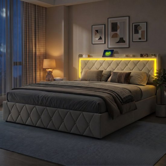 Opbergbed 160x200 cm – Tweepersoonsbed – Beige fluwelen gaslift bed – Hoofdbord met LED-sfeerverlichting, USB-oplaadfunctie, multifunctioneel slaapkamerbed