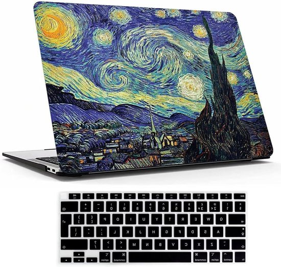 Ordinateur portable avec le tableau 'La Nuit étoilée' sur le dessus. Un protège-clavier noir avec des caractères blancs est placé sous l'ordinateur.