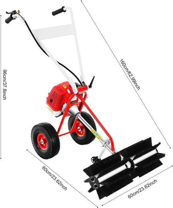 Benzine Veegmachine - Duwveger Tuinveger - Buiten Reinigen - Krachtige 43cc Motor - 60 cm Werkbreedte - Rood Zwart — afbeelding 5