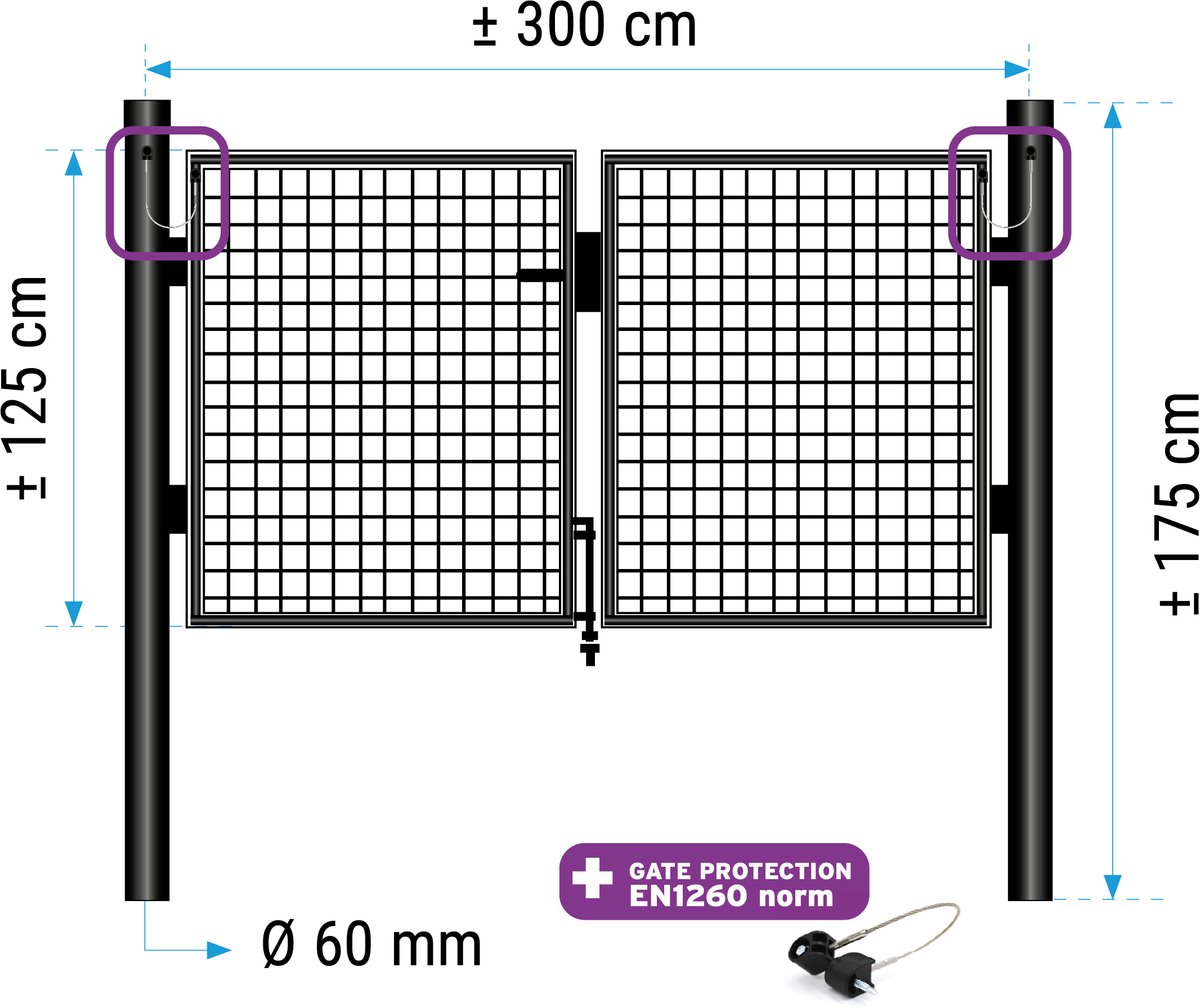 Dubbele poort 125 cm (hoogte) 2 vleugels van 150cm (lengte) RAL 9005 zwart