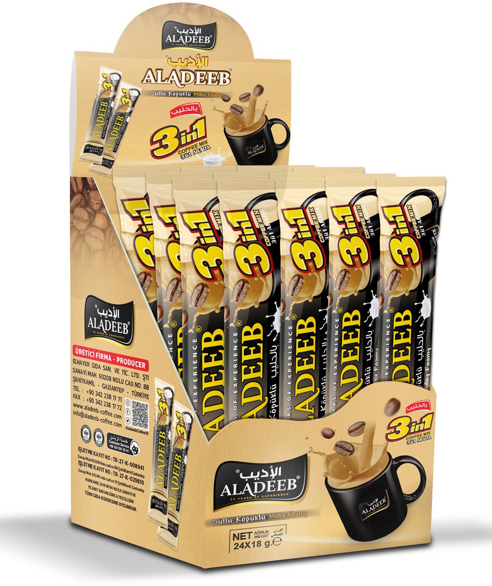 Aladeeb Premium - 3 in 1 Milky & Frothy Instant Coffee Voordeelverpakking - 24 x 18 gr