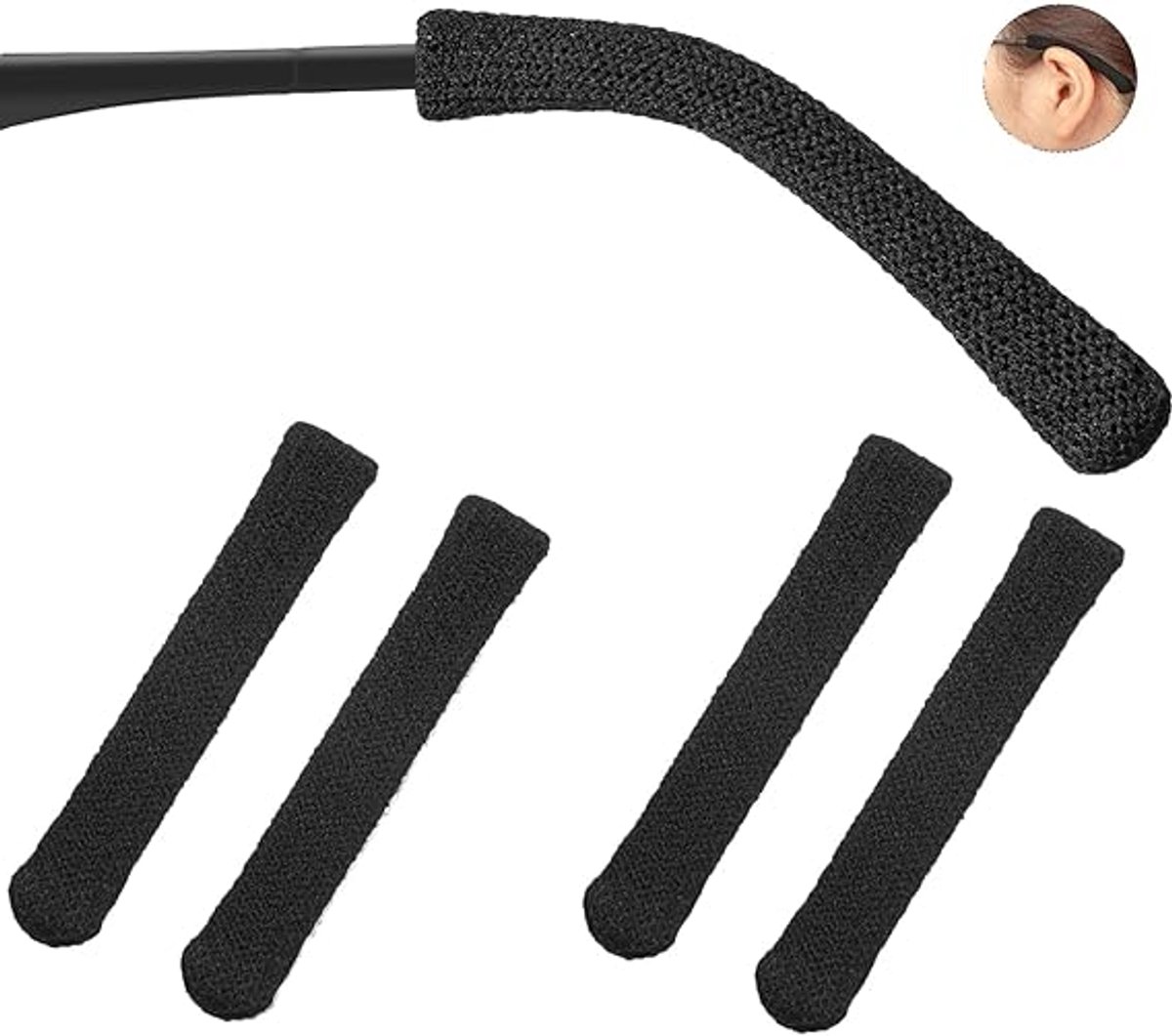 Brillenoorpads, geschikt voor de achterkant van de bril en brillenoorclips, brillenpoothoesjes, textiel gebreid materiaal, zachte antislip hoes, zwart - verpakking van 10