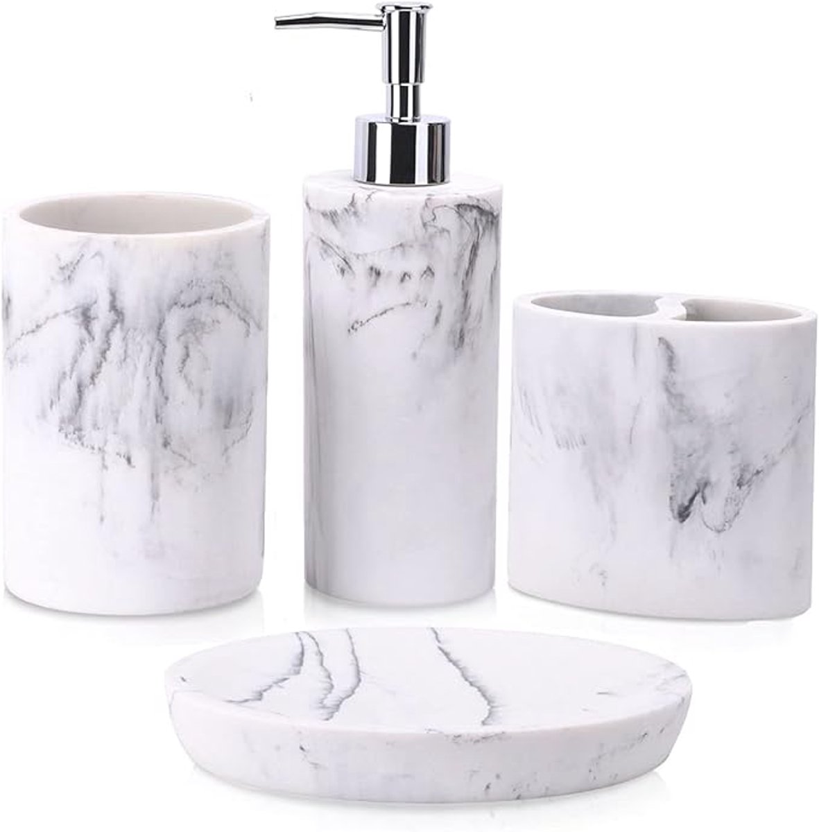Badkameraccessoireset 4-delig - Zeepdispenser - Tandenborstelhouder - Badkamerbeker - Zeepschaal - Marmerlook - Witte Badkamer Accessoires - Badkamerdecoratie Set