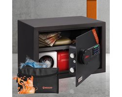 Brihard Family LCD Black Pearl Meubelkluis Elektronisch Slot met LCD Scherm Verlicht Toetsenbord en LED Verlichting 4mm Stalen Deur Inclusief Brandwerende Tas Satijnzwart Veiligheidskluis voor Geld Sieraden en Documenten met Noodsleutel