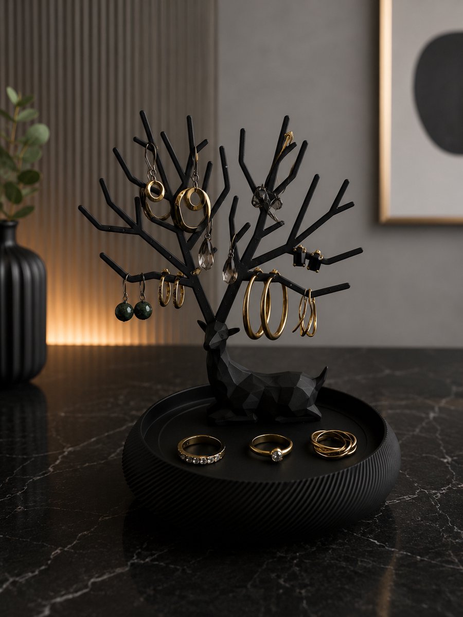 Skushy Sieradenboom Hert Zwart – Sieradenhouder & Sieraden Organizer – Sieradenstandaard voor Kettingen, Oorbellen, Armbanden & Ringen met Dienblad – Minimalistisch Sieradenrekje
