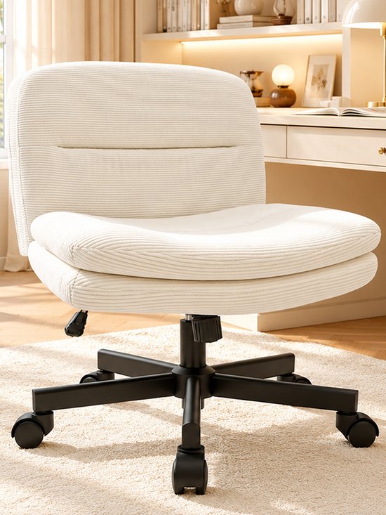Durrafy Bureaustoel - Bureaustoel zonder Armleuningen - Ergonomische Bureaustoel - 360° Draaiwielen - Computerstoel - In Hoogte Verstelbaar - (90°-130°) Kantelbare Rugleuning - Voor Kantoor/Studeerkamer/Woonkamer/Eetkamer/ - Gebroken Wit