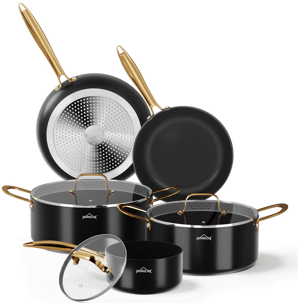Homelux 8-Delige Pannenset Inductie - Koekenpannen 24 & 28 cm - Kookpannen met Glazen Deksels - Aluminium Antiaanbak Pannenset - Geschikt voor Inductie - Gas & Elektrisch - Zwart/Goud - Vaatwasserbestendig - Luxe Kookset