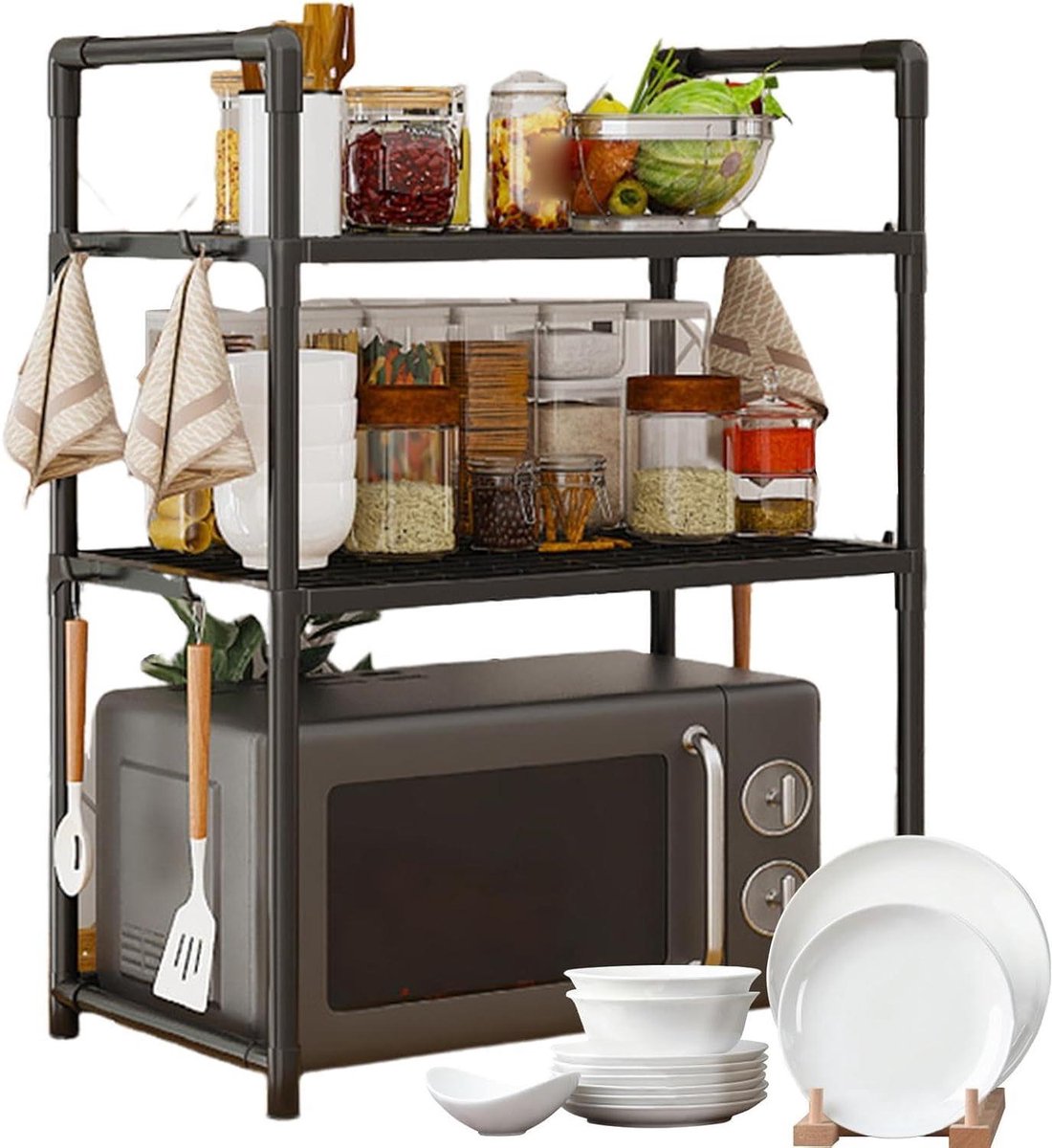 Keuken Magnetron Stand - Magnetronrek Haken - Keuken Organiseren - Dubbellaags Ontwerp - 28W x 5.2D cm - Zwart