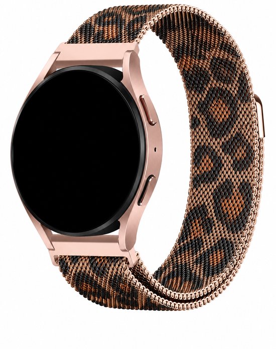 Goudkleurig smartwatch met panterprint Milanese band.