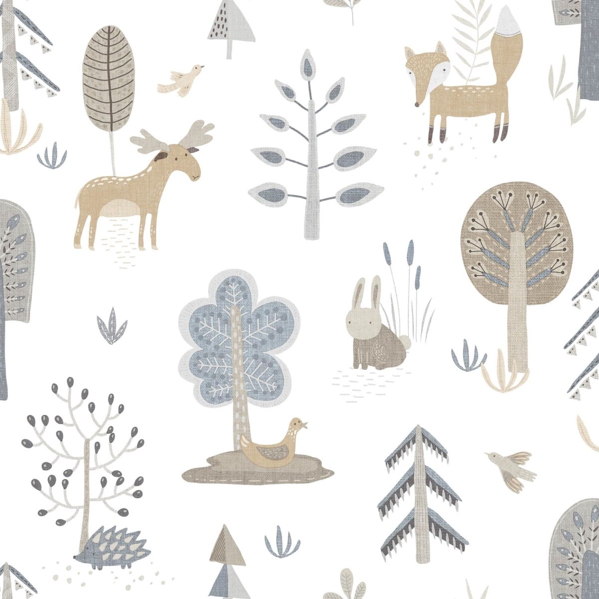 Behang - Bosdieren - Scandinavisch - Peuterkamer - Wit Blauw - Kinderkamer - Dierenbehang - Eland Vos Konijn - 0,53 x 10,05 M - Happy