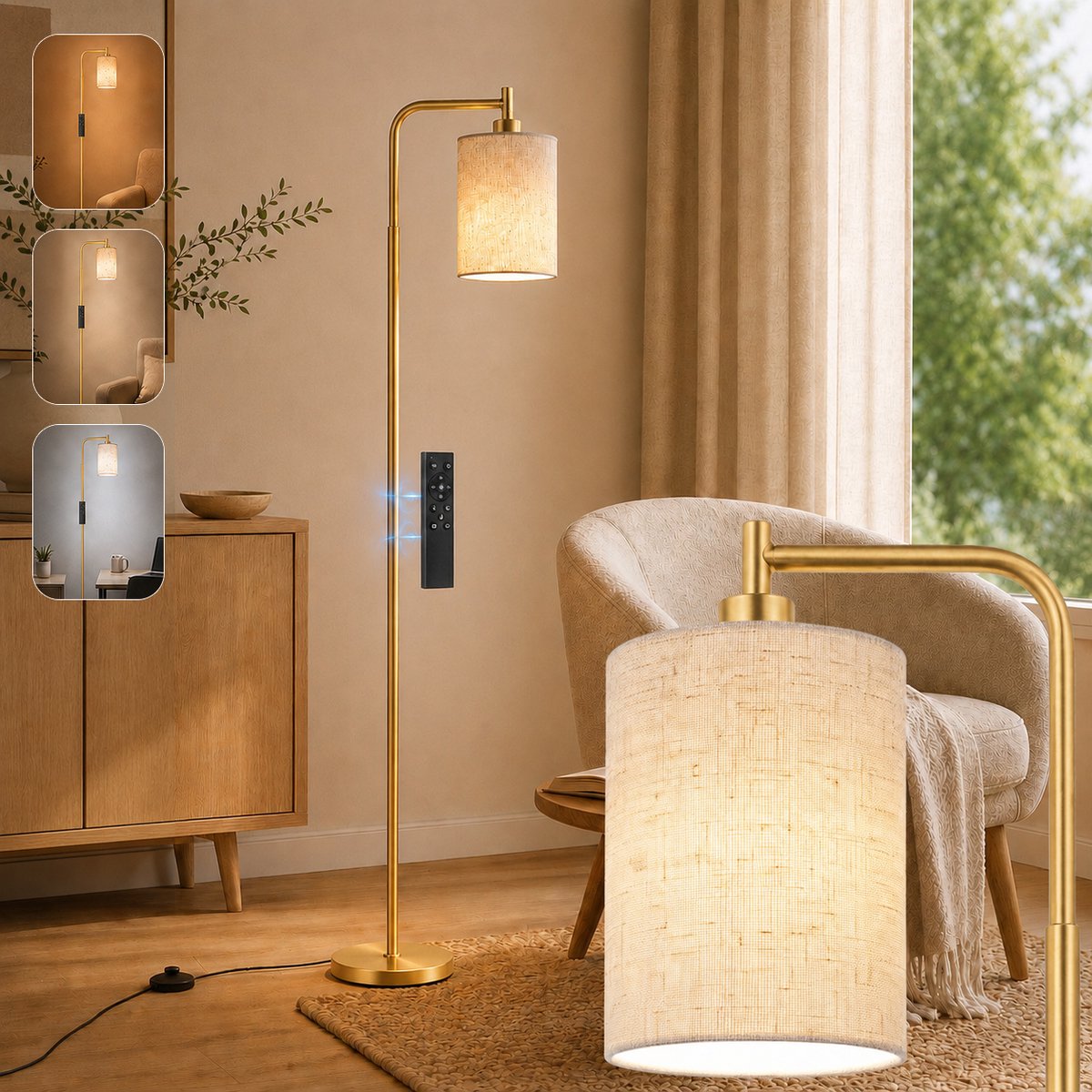 Rosnek Staande Lamp met Linnen Lampenkap - Dimbare LED Vloerlamp - met Afstandsbediening - Timer - Voetschakelaar - Slimme E27 Leeslamp voor Woonkamer Slaapkamer en Kantoor - H 165 cm - Goud