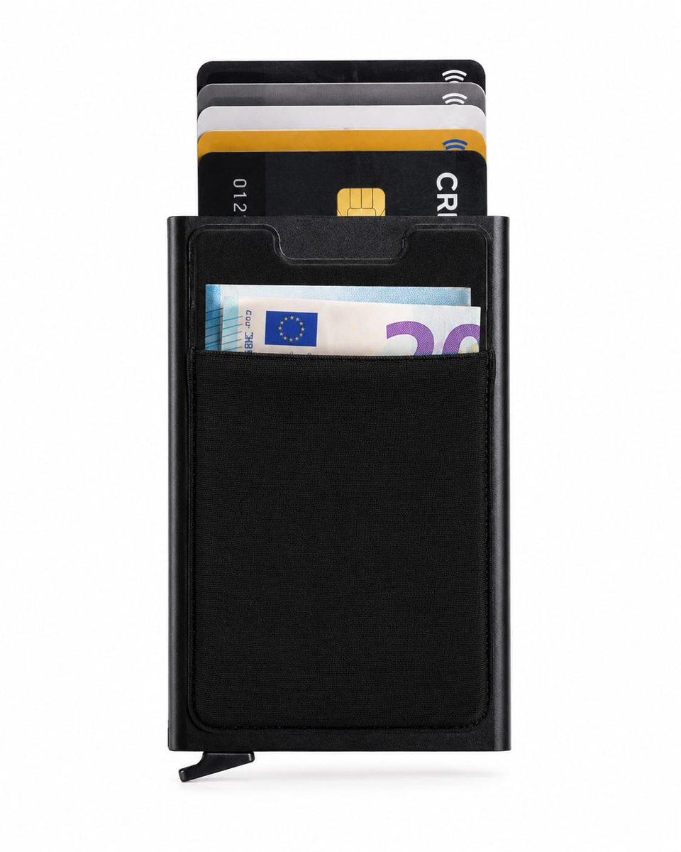 Walletstreet Extra Luxe Pasjeshouder met Plakwallet – Aluminium RFID Kaarthouder voor 8 Pasjes & Briefgeld – Zwart/Black – Voor Mannen & Vrouwen Creditcardhouder