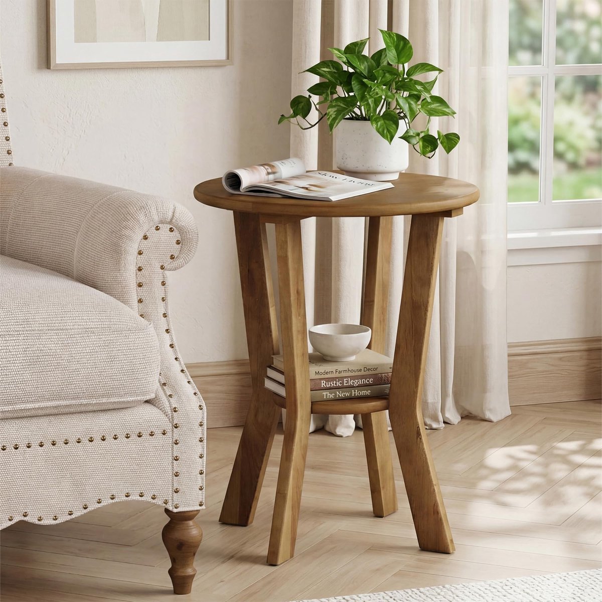 Little Trees Ronde Bijzettafel - 50 x 50 x 60 cm - Vintage Hout-2 Laags Opbergrek-Voor Slaapkamer Woonkamer - Bruin