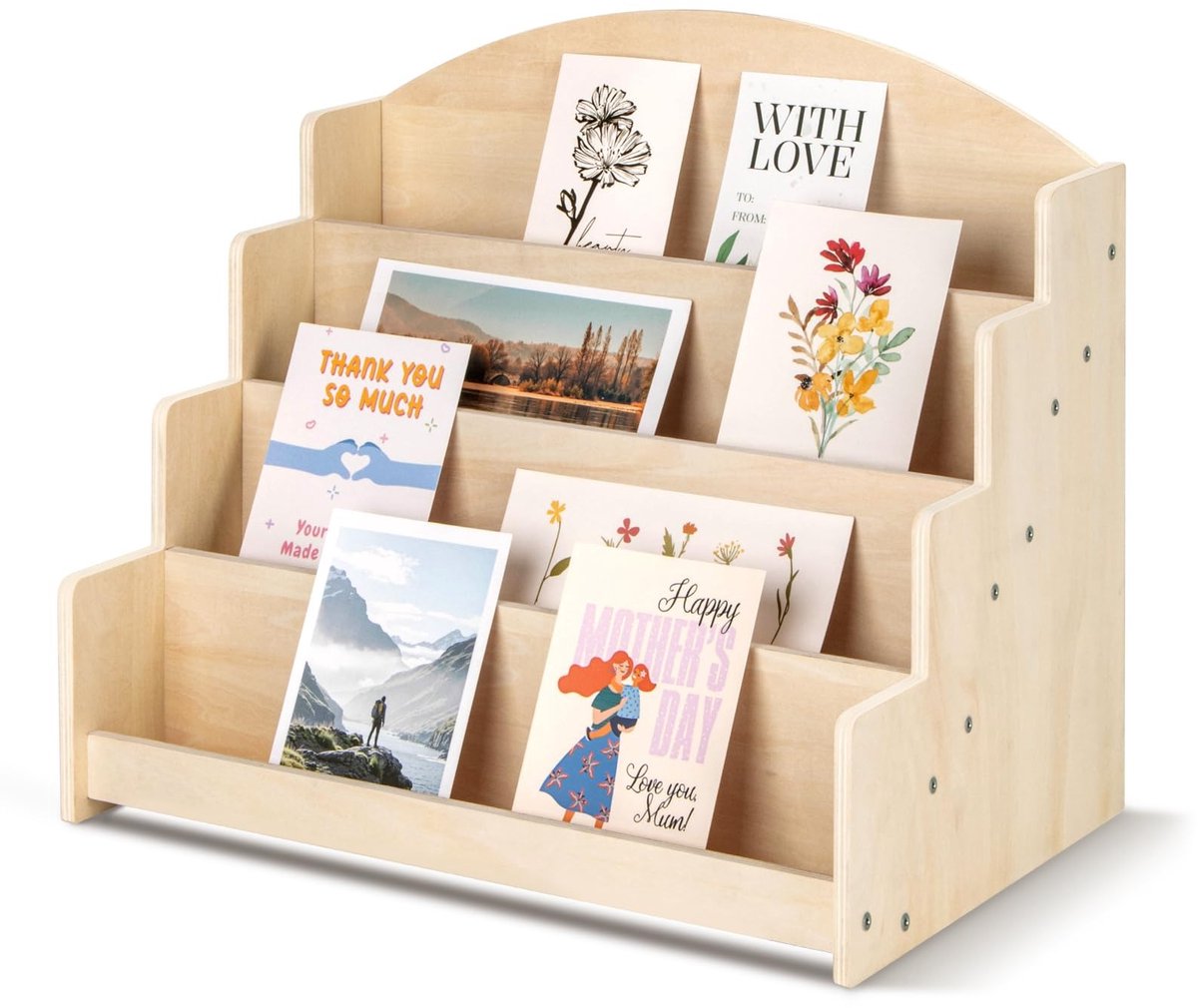 Kaartenrek 4 lagen - Houten display standaard voor postcards - Organizer rek voor retail winkels, stickers en stationery verkopers - Ook voor thuisdecoratie - Beige