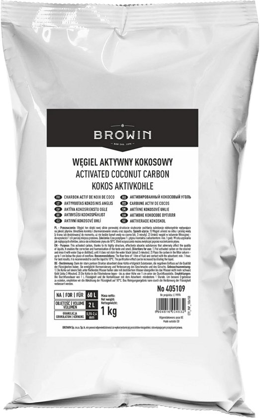 Un sac blanc avec une inscription noire et grise indiquant "Activated Coconut Carbon" et des informations produit.