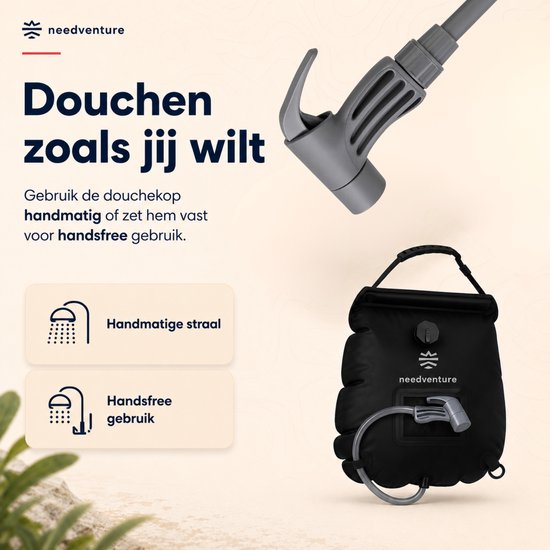 needventure® Solar Douche - Camping Douchezak - Buiten Douche - Tuindouche - Inclusief Thermometer - Waterzak Met Douchekop - 20L - Zwart