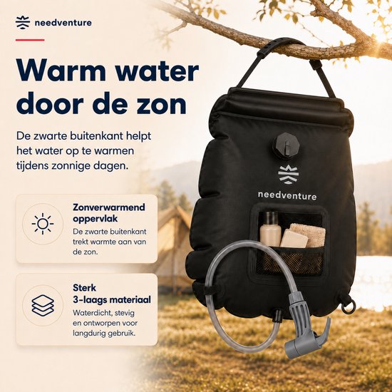 needventure® Solar Douche - Camping Douchezak - Buiten Douche - Tuindouche - Inclusief Thermometer - Waterzak Met Douchekop - 20L - Zwart