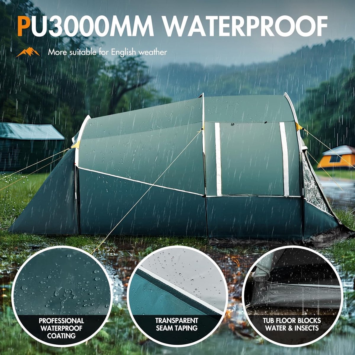 Tent 3 personen - campingtent - waterdicht - 3000mm met voortent raam - 3 man - tunneltent - familietent - festivaltent voor camping - reizen trekking - tuin – foto 3