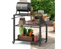 Buitenkeuken op Wielen – BBQ Trolley – Met Opbergkast & Planken – Werktafel voor Buiten – Hout & Metaal – Multifunctioneel – Zwart