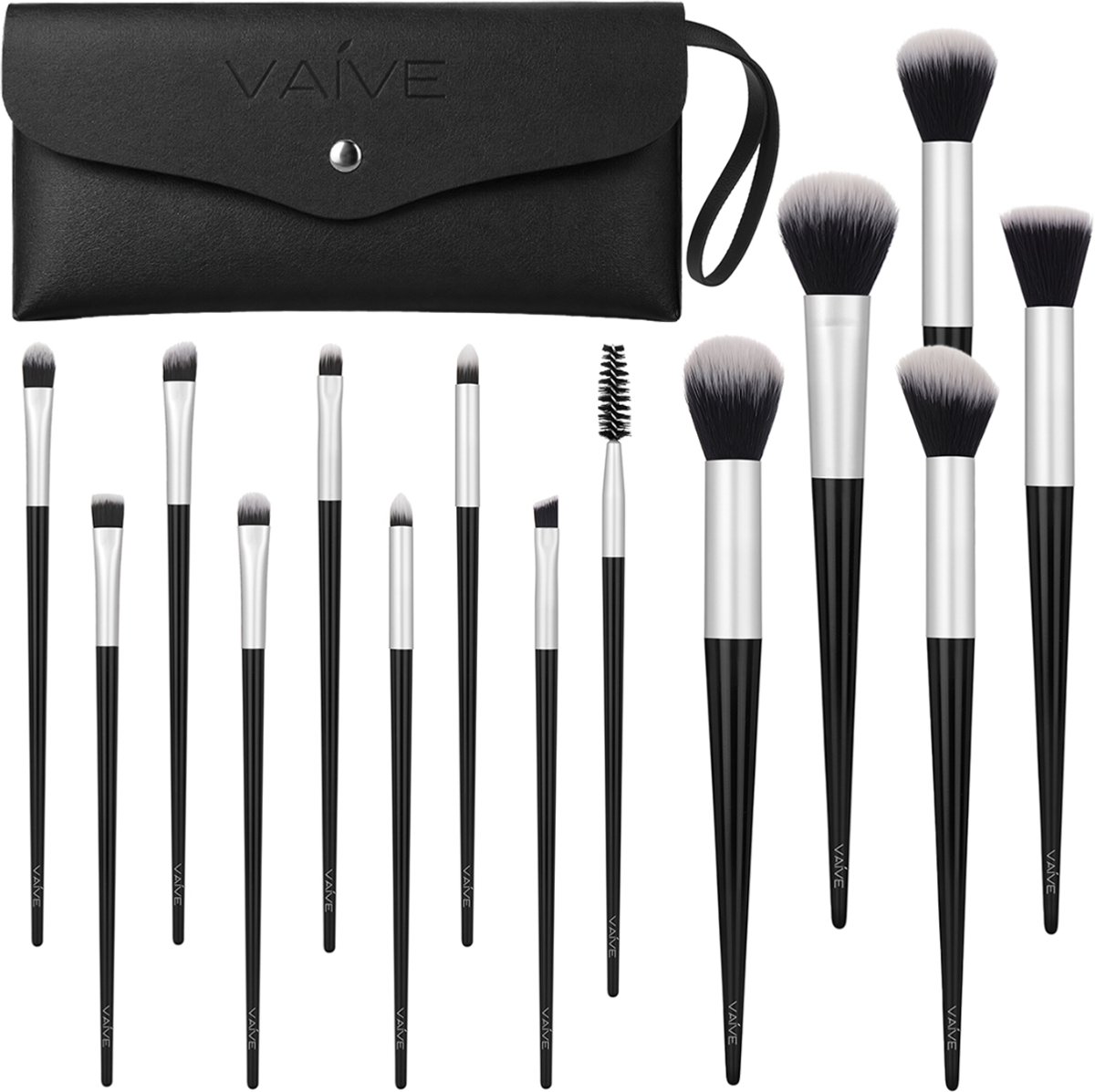 Vaive Make Up Borstels Set 15-Delig - Vegan Kwasten - Foundation, Oogschaduw, Blush, Kabuki & Bronzer Kwast - met Etui - Zilverkleurig