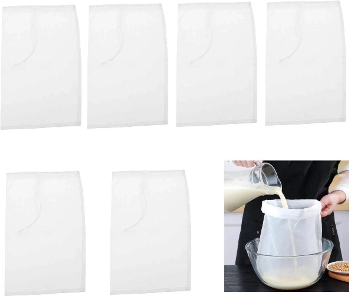 6 stuks - Filtergaas - Sojamelkfilterzak - Sapzeefgaas - Tofufilter - Ultrafijne zeef - Filterscherm - 15*20 cm - Wit - 200 mesh en 300 mesh - Herbruikbaar - Geschikt voor het maken van notenmelk en het persen van sap