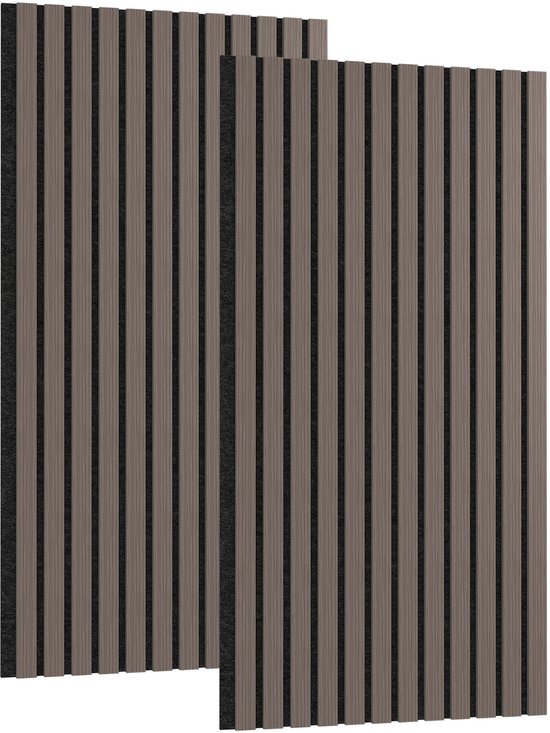 Set van twee walnootkleurige akoestische wandpanelen met verticale lamellen en donkere viltlaag.