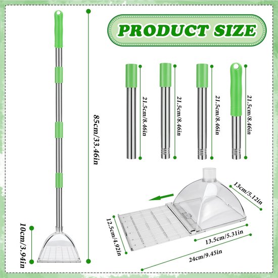 Afmetingen spinnenvanger: steel 85 cm lang, opvangbak 24 cm breed, 13 cm diep. Drie stuks steel los bijgeleverd.