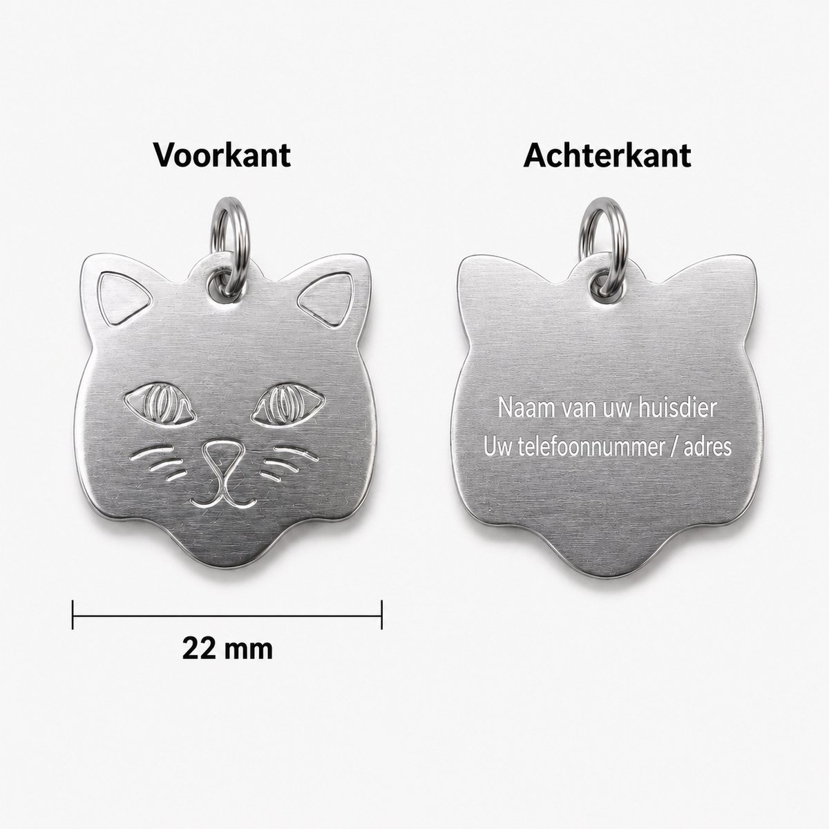 Zilver Katten Naamplaatje voor Huisdier – Gepersonaliseerde Kattenpenning met Naam, Telefoonnummer of Adres – Aluminium ID Tag / Adresplaatje voor Kat, Kitten en Halsband – 22 mm