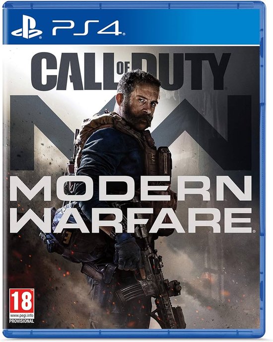Cover van Call of Duty: Modern Warfare PS4 game, met een man met baard en wapen.