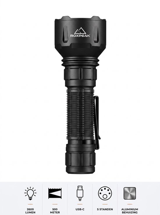 RoxPeak® Thunder X1 - zeer krachtige Zaklamp - 2700 Lumen - Long Range 500 meter - USB-C oplaadbaar - 5 standen - 21700 Accu