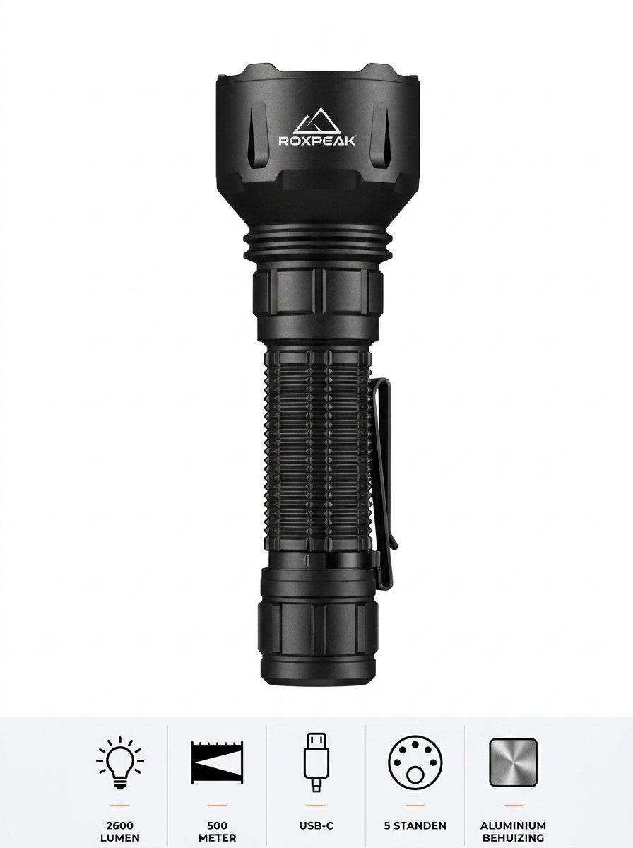 RoxPeak® Thunder X1 - zeer krachtige Zaklamp - 2700 Lumen - Long Range 500 meter - USB-C oplaadbaar - 5 standen - 21700 Accu - vakantie - noodpakket - outdoor