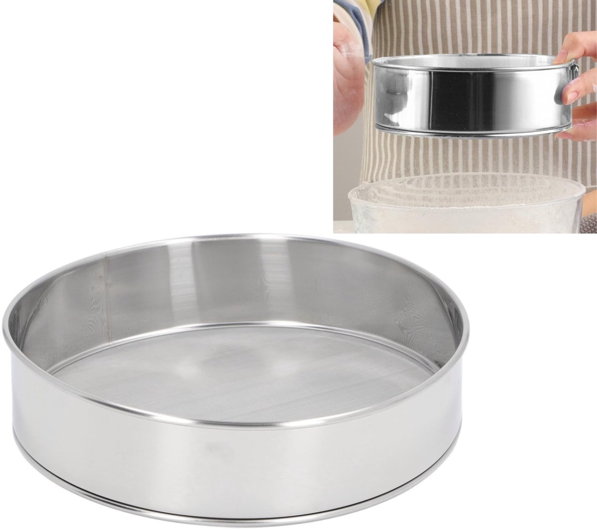 Dailygoods- Meelzeef groot formaat - Ronde zeef 80 mesh - Roestvrij staal - Antiaanbaklaag - Fijnmazige zeef - Geschikt voor poedersuiker en cacao