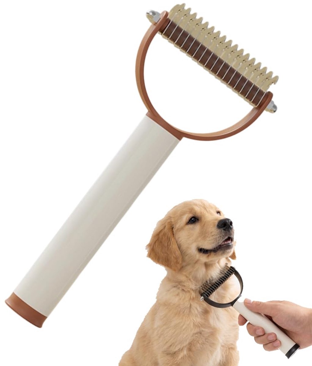 Ulisem - Ontklittingsborstel - Kat en hond - Dubbelzijdig - Voor lang en dik haar - Zachte ontklitting - Verwijdert dode ondervacht - Roestvrij stalen tanden - Antislip handvat - Vermindert haaruitval - Huisdier verzorging - Bruin