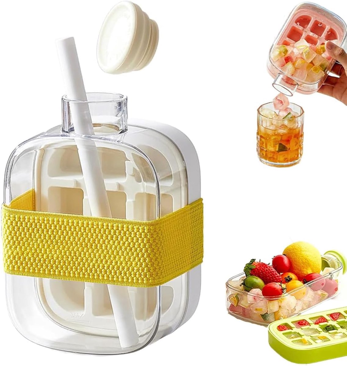 Ulisem - IJswaterfles - 500ml - 2-in-1 ijsblokjesmaker en drinkfles - Met perssysteem - Geen handcontact - Lekvrij deksel - Makkelijk schoon te maken - Bespaart ruimte - Voor thuis, kantoor en reis - BPA-vrij - Herbruikbaar - Wit
