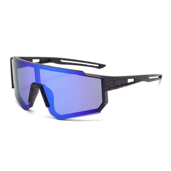 Lunettes de soleil de sport semi-sans monture, à verres bleus réfléchissants, branches noires et éclaboussures colorées, vue latérale.