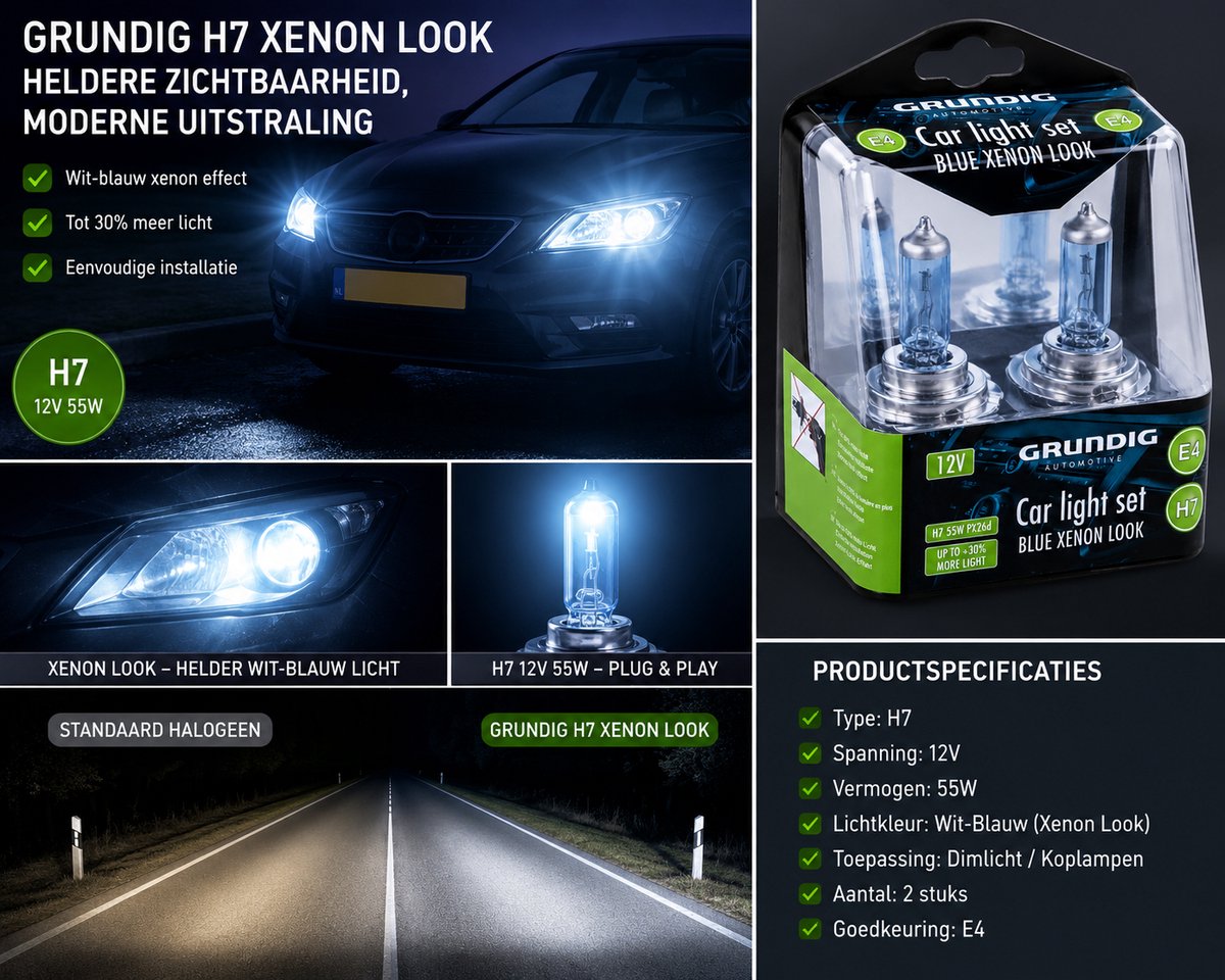Grundig H7 Autolampen Set 2 Stuks | H7 Lampen | Xenon Look | 12V 55W | Koplamp Lamp | Dimlicht Lamp | Halogeenlamp Auto | H7 Verlichting | Auto Verlichting | Witte Koplampen | H7 Xenon Effect | E4 Goedgekeurd – foto 2