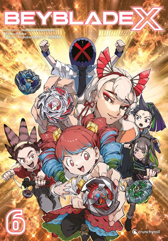 La couverture de Beyblade X 6 présente un groupe de personnages tenant des toupies Beyblade, avec au premier plan deux enfants, dont une fille aux cheveux roux, tenant une toupie.