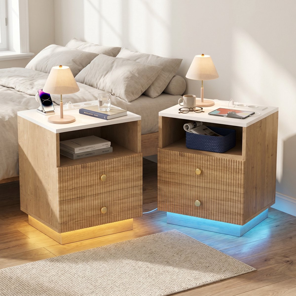 Set van 2 Nachtkastjes - 44x38x55cm - met LED-verlichting en Oplaadstation - 2 Lades - Hout - Houtkleur