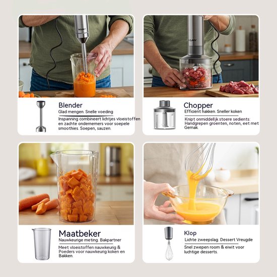 Staafmixer set - Handblender met hakmolen - Traploze snelheid - 1000 W - 700 ml maatbeker - Keukenmixer - 6,5 x 6,5 x 40 cm - Zilver van ROUNY — afbeelding 2