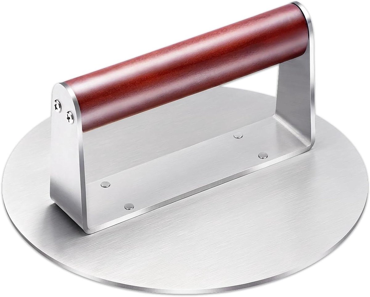 Burger Pers Smasher Tool Vlees Grillen Hittebestendig Houten Handvat 16cm Diameter Zilver