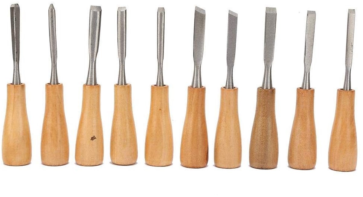 JHUBERS- Beitelset 10 Stuks - Houten Handvat - Hoge Hardheid - Houtbewerking - Ergonomisch Ontwerp - Geschikt voor Houtgravure - Houtgraveerset
